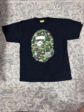 Bape Black Tee with Green Camo Ape Head Graphic